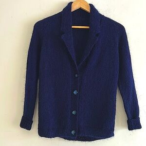 Vintage Handknit Navy Blue Mohair Blend Collared V Neck Button Cardigan SZ Small